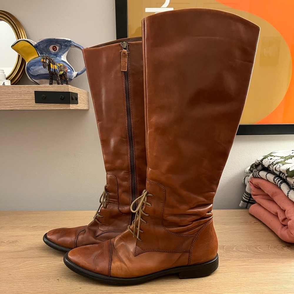 Franco Sarto size 9 brown leather knee high riding boots, zip up, lace up detail